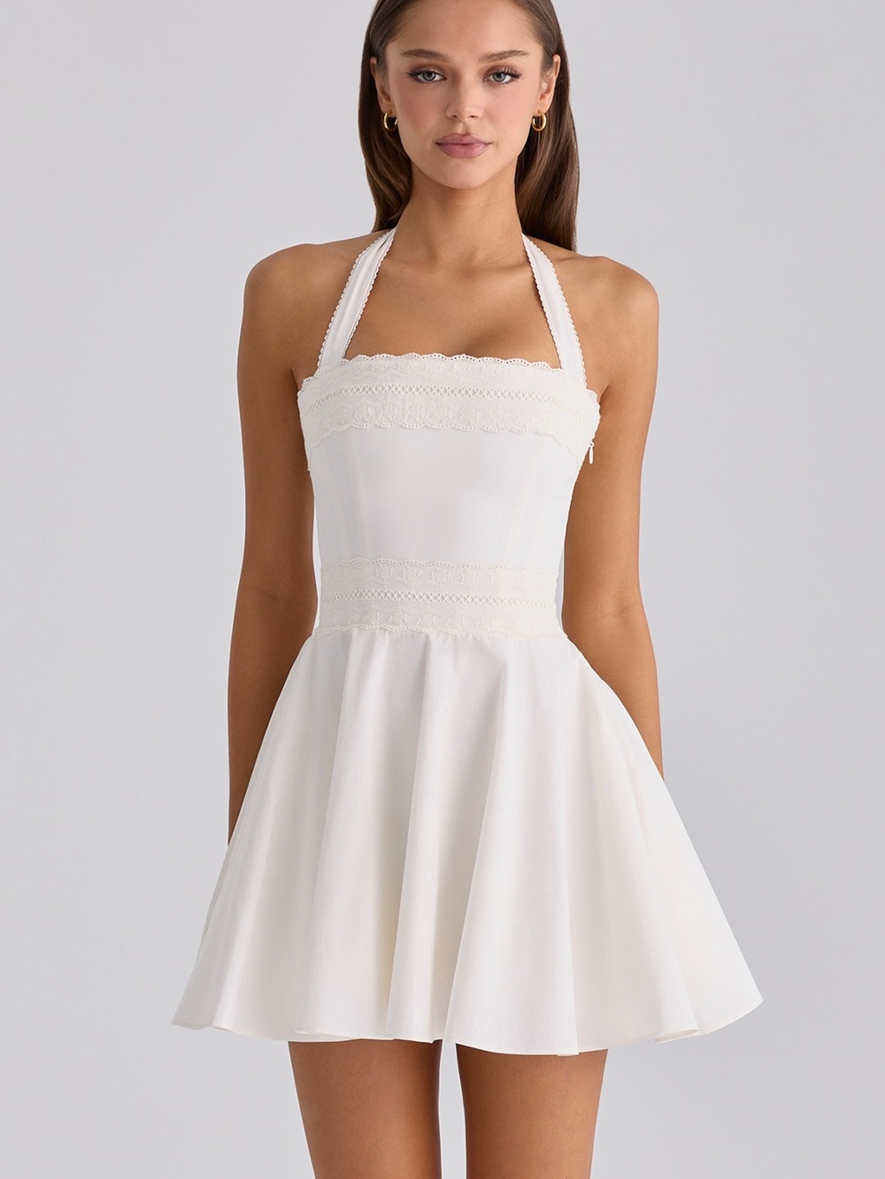 House of CB Cosette White Broderie Anglaise Cotton Halter Neck Mini Dress - Picture 2 of 6